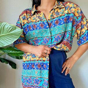 Women's Vtg 90s Cotton Shirt Aztec Tribal blue yellow short sleeve rayon size 12